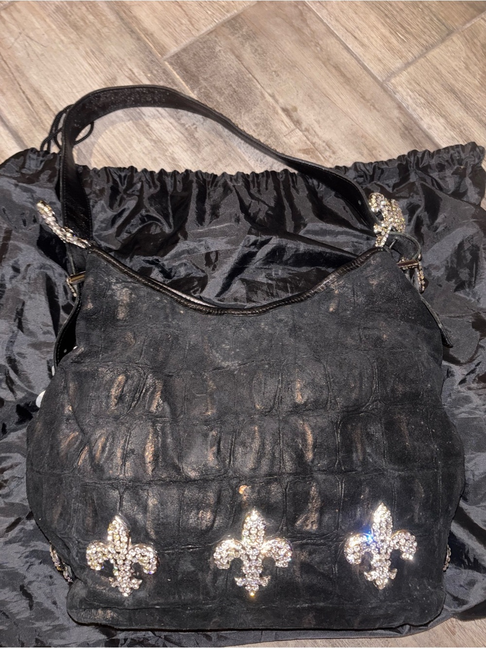 Raviani Black Crystal Fleur-de-Lis Shoulder Bag